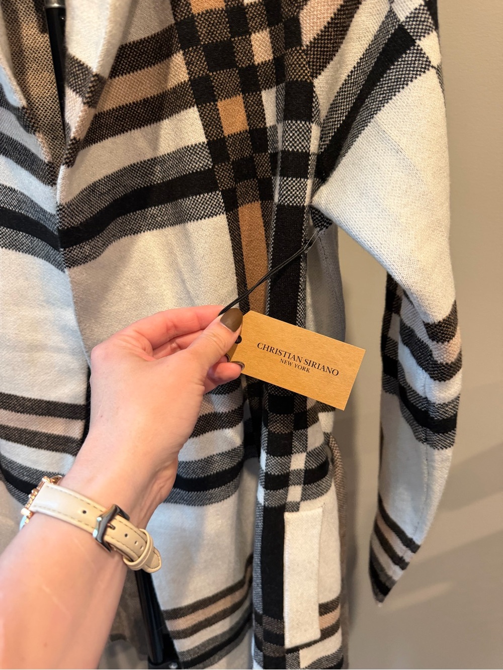 Christian Siriano Plaid Hooded Trench Coat in Cream, Black & Brown - Picture 3 of 5